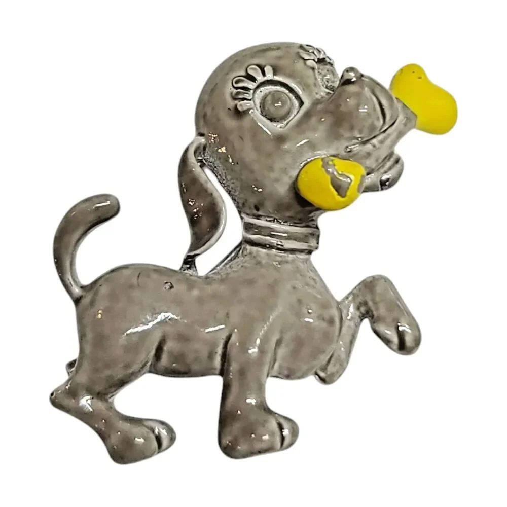Vintage Dog w/ Bone Puppy Gray Yellow Enamel Metal Pin Brooch